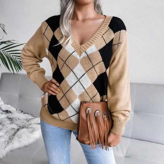 Chloe | Winter Argyle V-Neck Sweater for Women