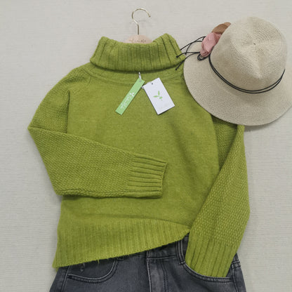 Bright Green, Oversized Knitted Turtleneck Sweater - AutumnGleam