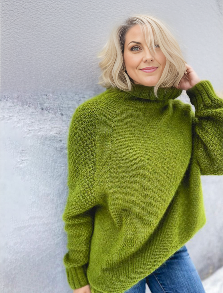 Bright Green, Oversized Knitted Turtleneck Sweater - AutumnGleam
