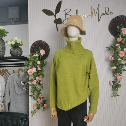 Bright Green, Oversized Knitted Turtleneck Sweater - AutumnGleam