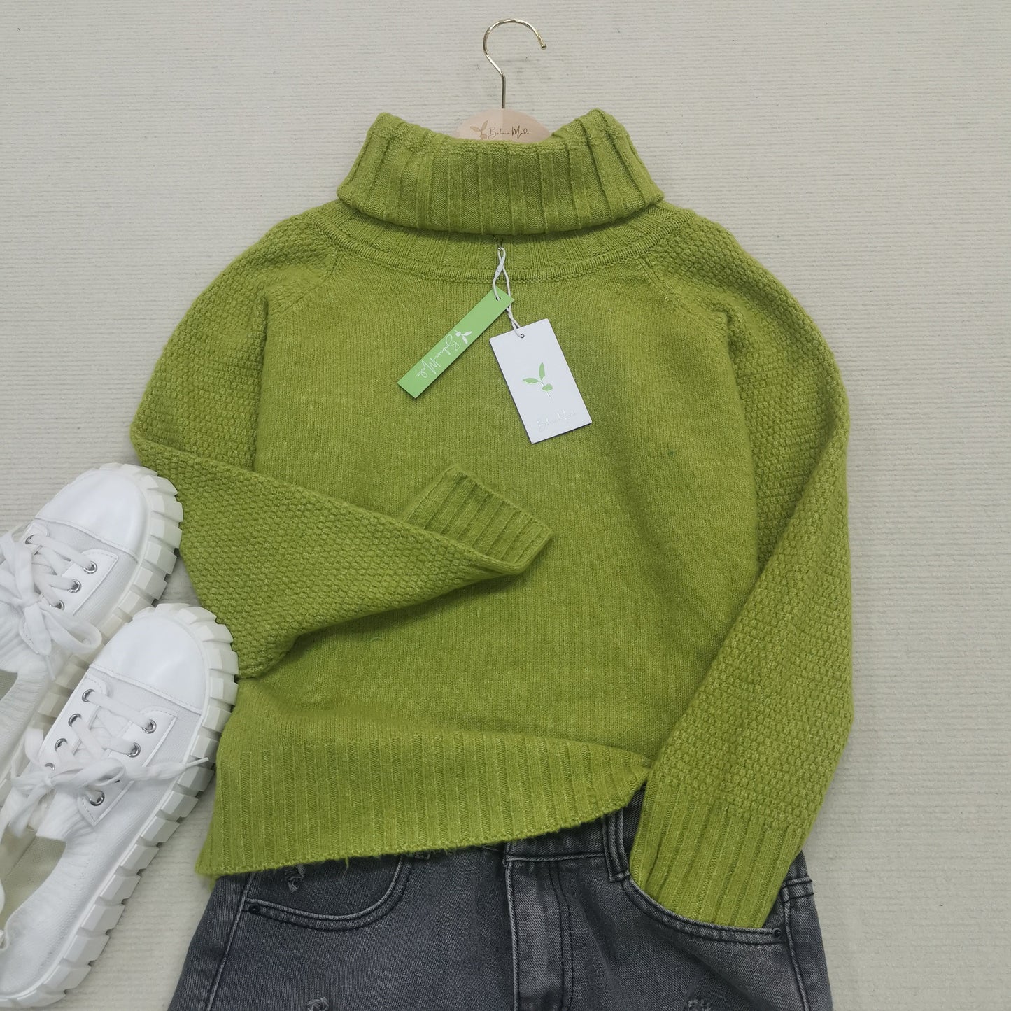 Bright Green, Oversized Knitted Turtleneck Sweater - AutumnGleam