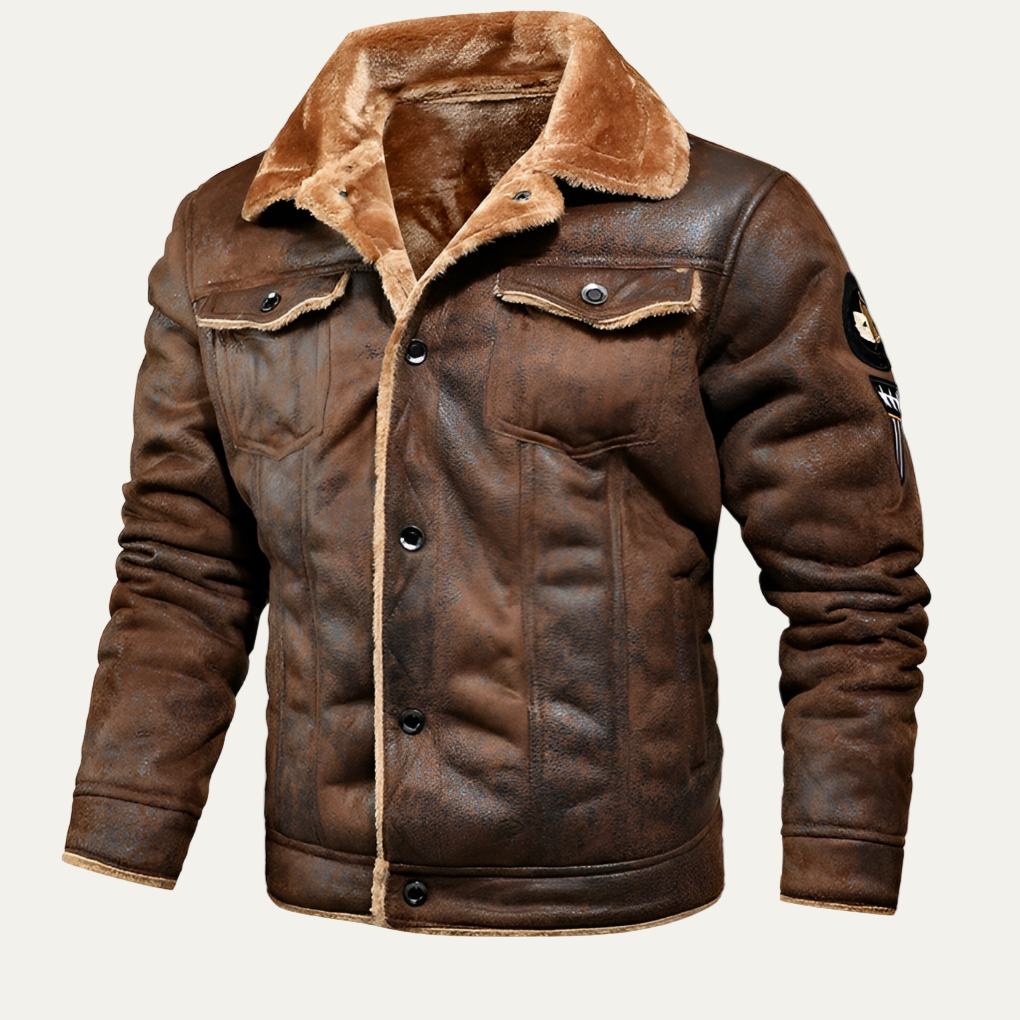 Men’s Shearling Lined Trucker Jacket with Patch Details