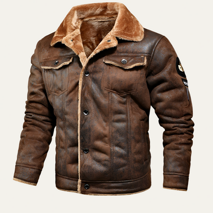 Men’s Shearling Lined Trucker Jacket with Patch Details