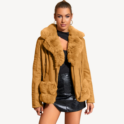 Women's Faux Fur Shearling Biker Jacket Brown