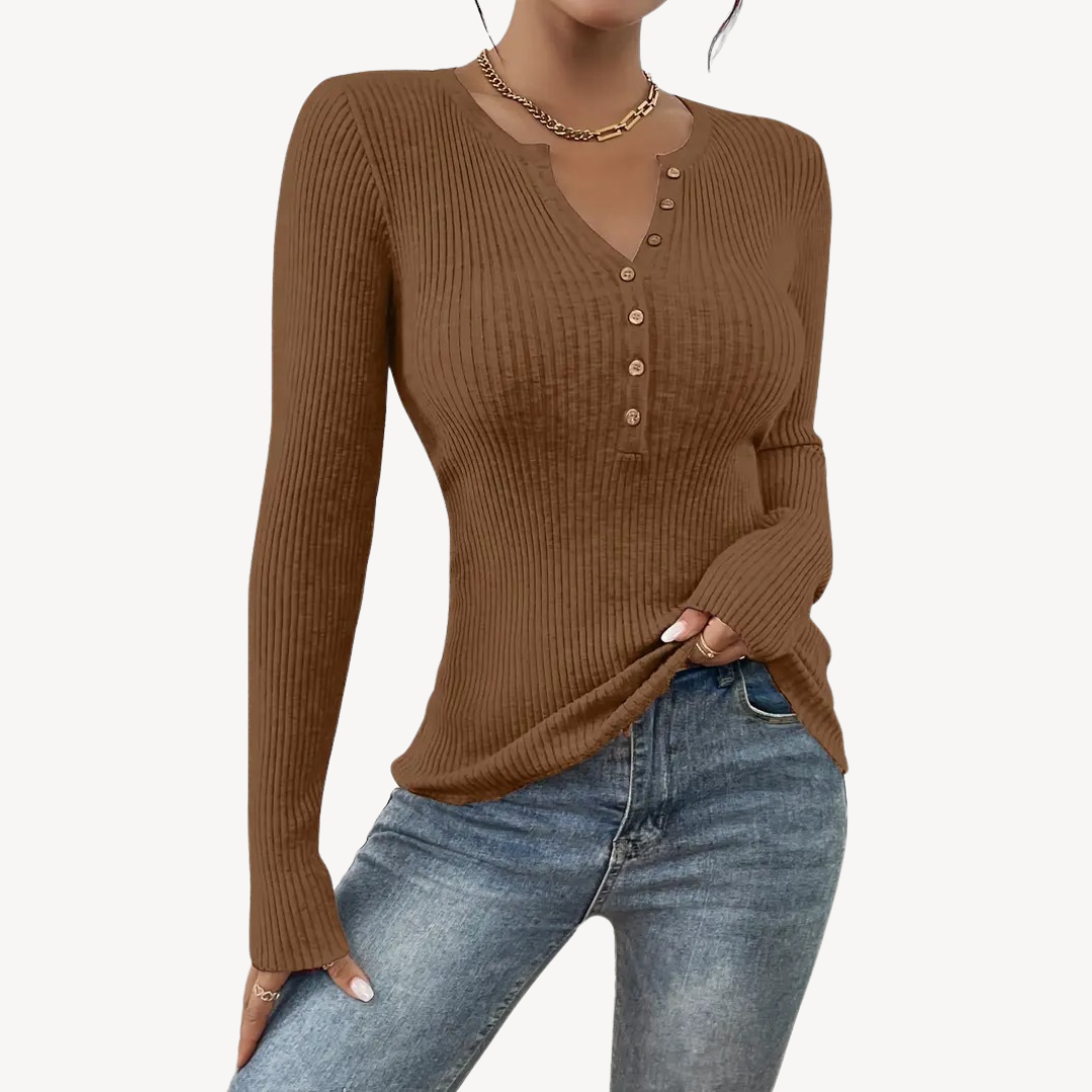 Ribbed Button Henley Top for Women