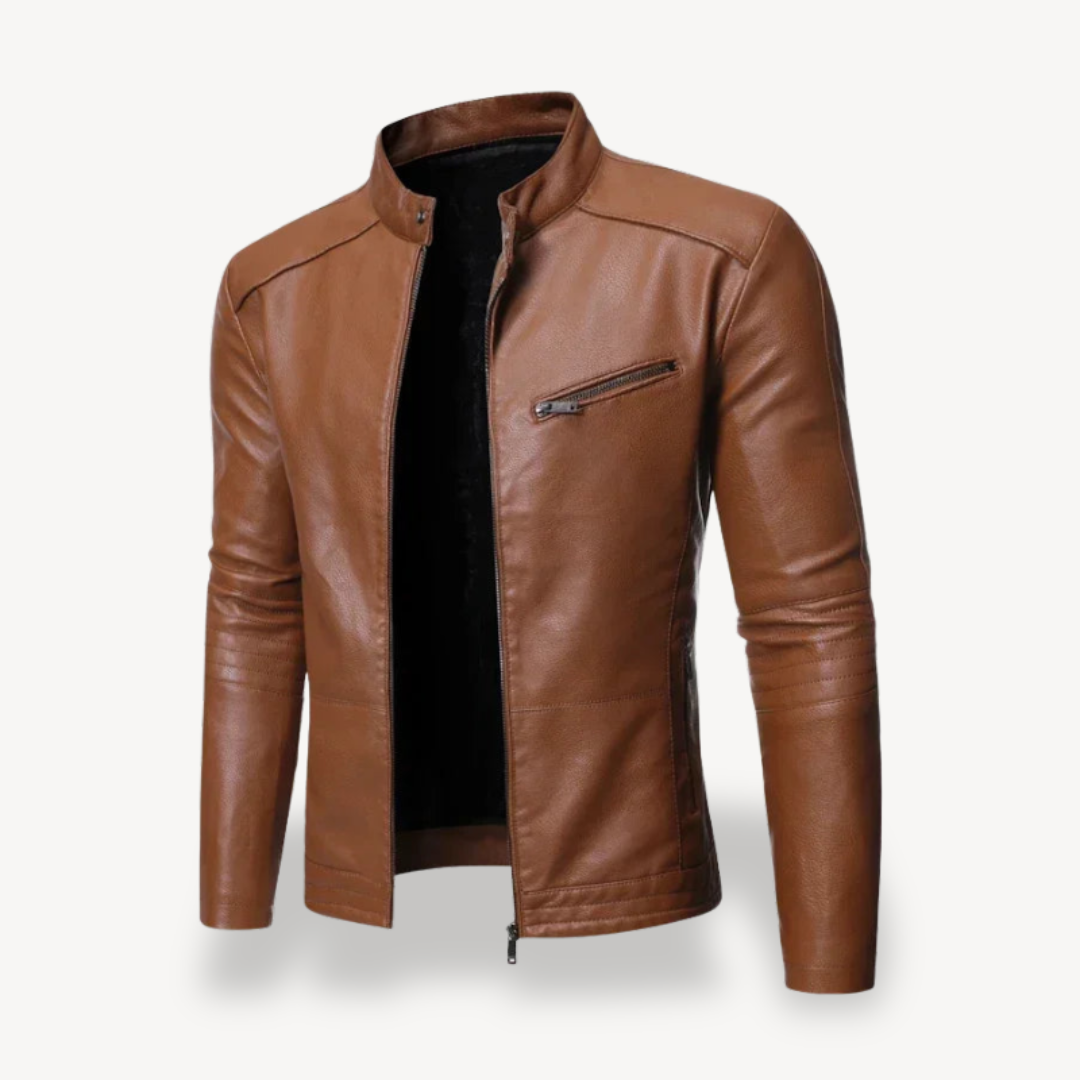 Men's Leather Biker Jacket Casual Zip-up
