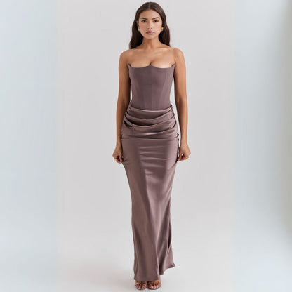 Satin Strapless Corset Maxi Dress Women