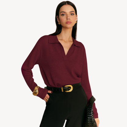Knit Long Sleeve Polo V-Neck Sweater Women