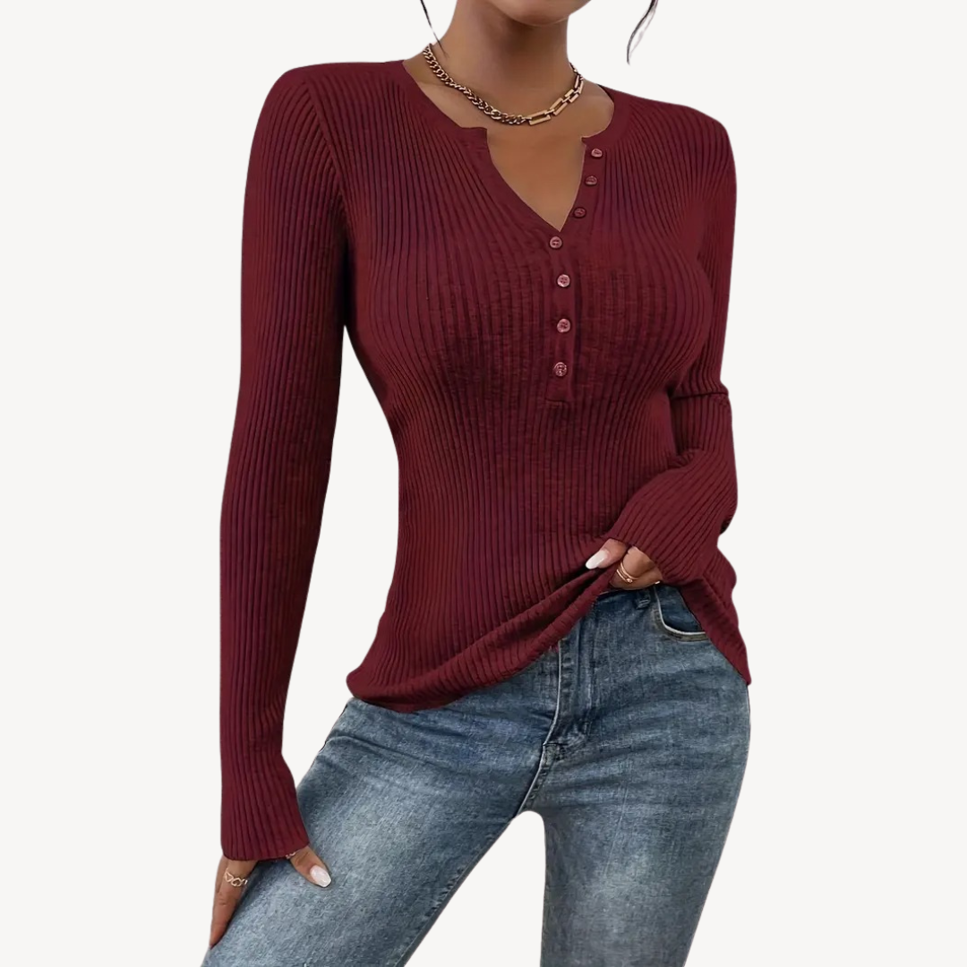 Ribbed Button Henley Top for Women