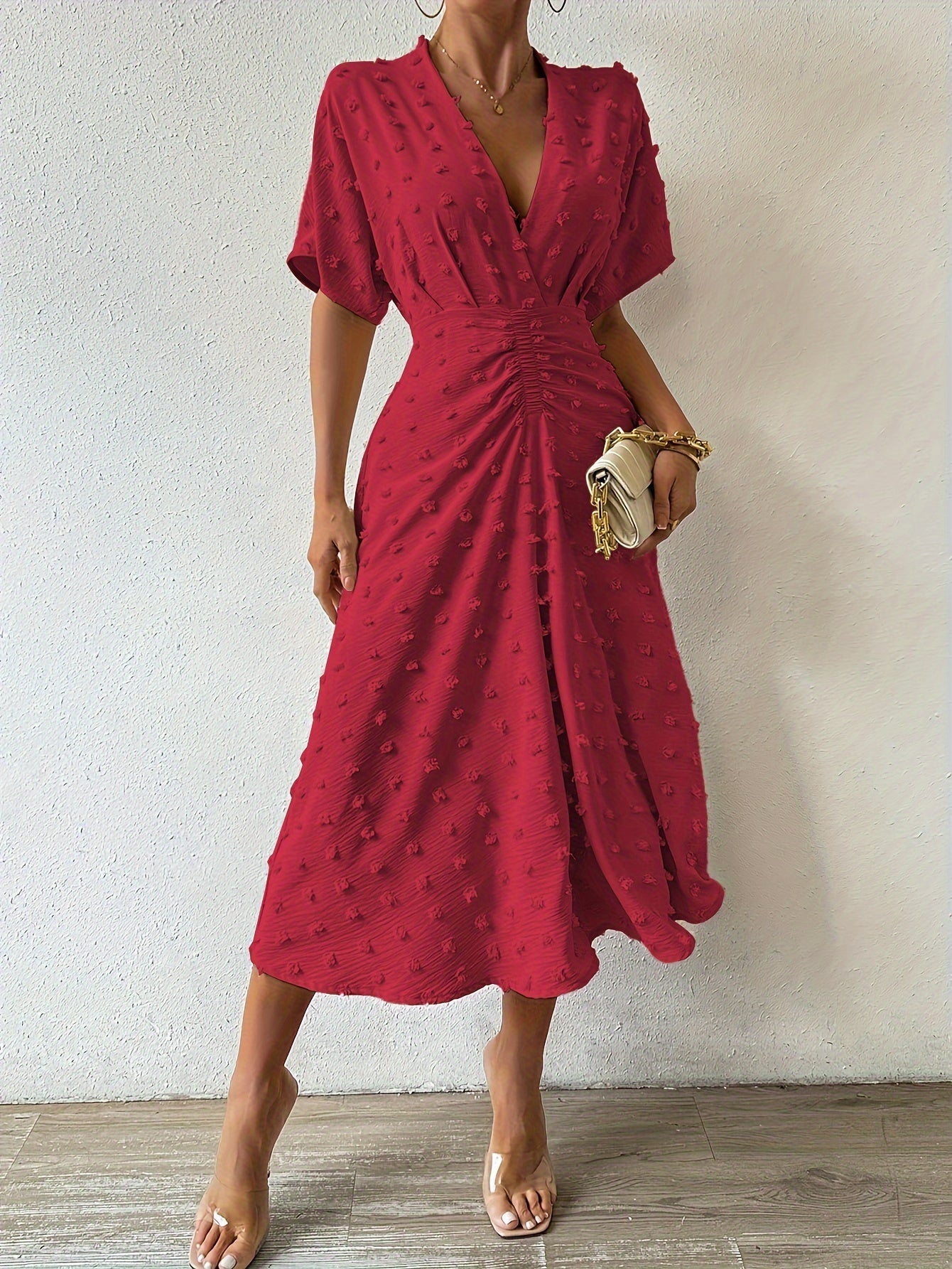 Elegant V Neck Short Sleeve Midi Evening Dress for Women