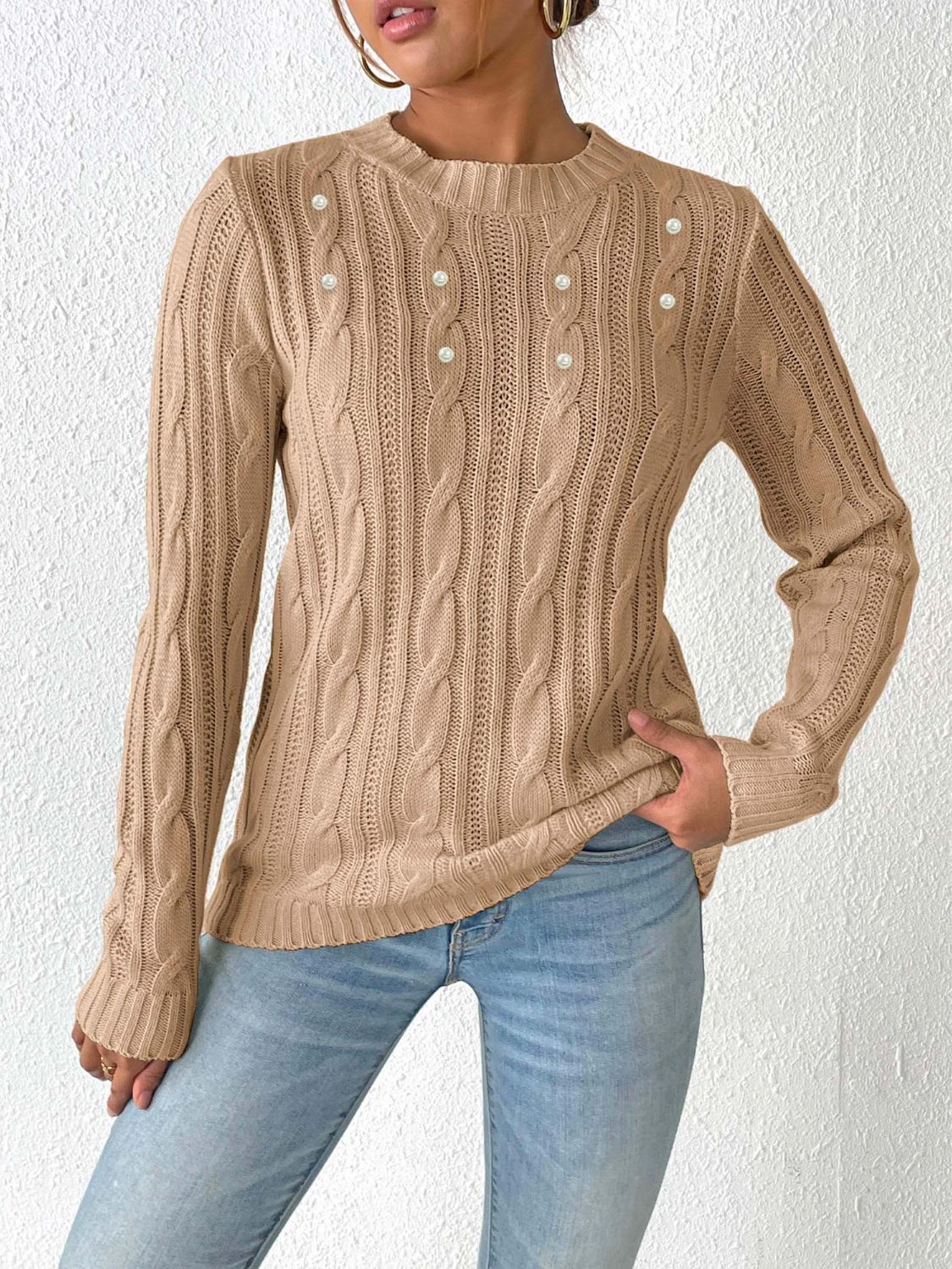 Warm Women's Cable Knit Sweater with Thick Cuffs