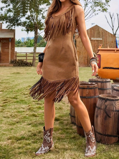 Western Summer Camel Fringe Dress