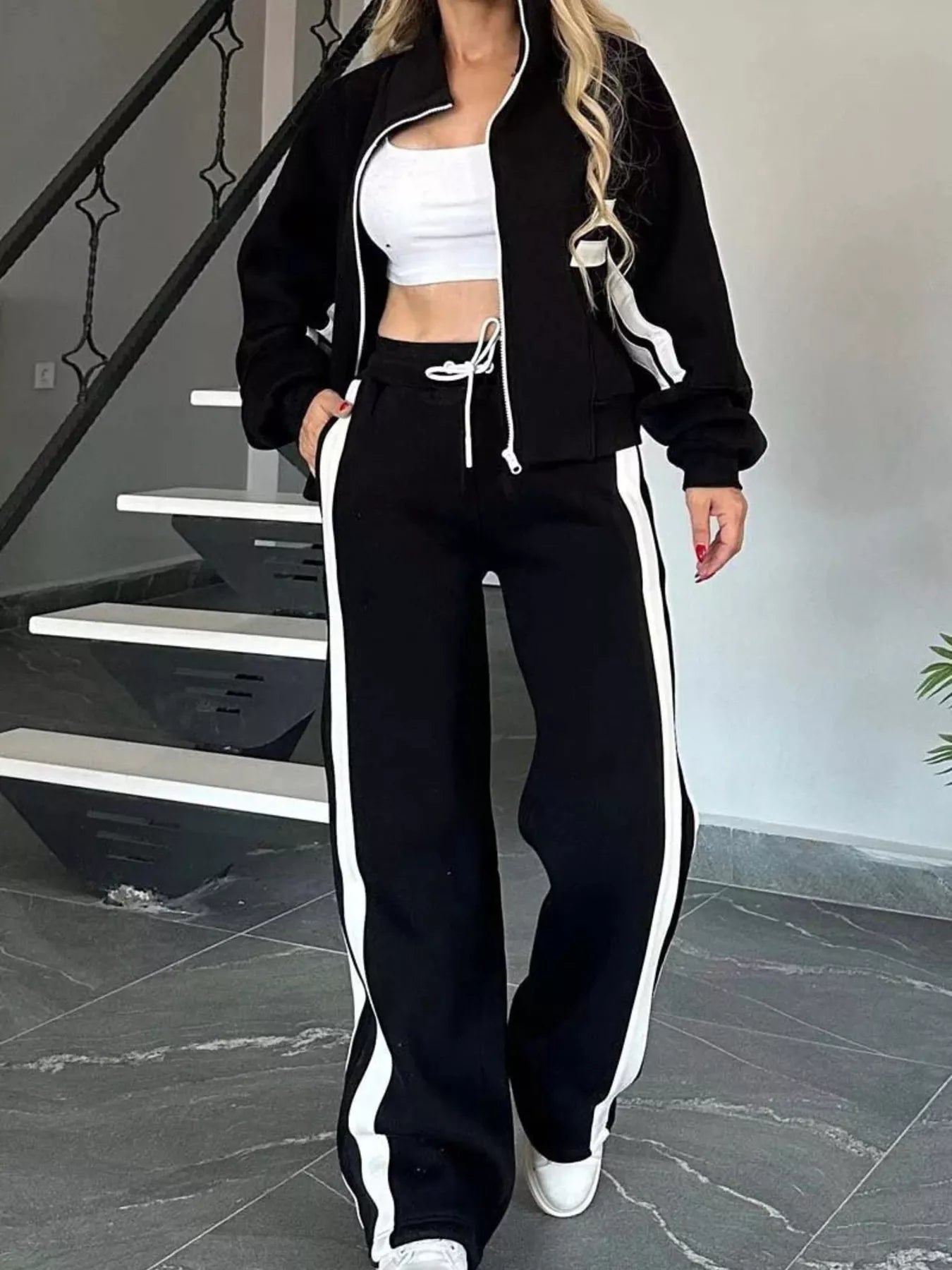 Bold Black and White Track Suit Plus Size Outfit - BritishElegance