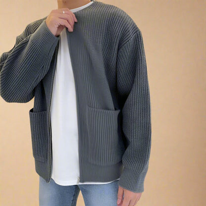 Men's Cardigan - Oversized Ribbed Knitted Cardigan with Zipper