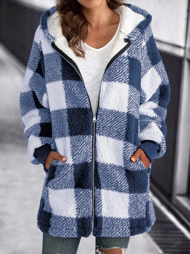 Oversized Fleece jacket with plaid hood and zipper