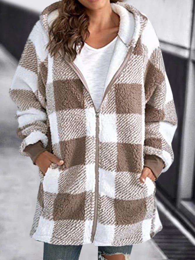 Oversized Fleece jacket with plaid hood and zipper