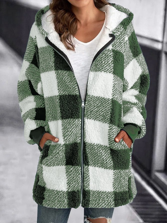 Oversized Fleece jacket with plaid hood and zipper