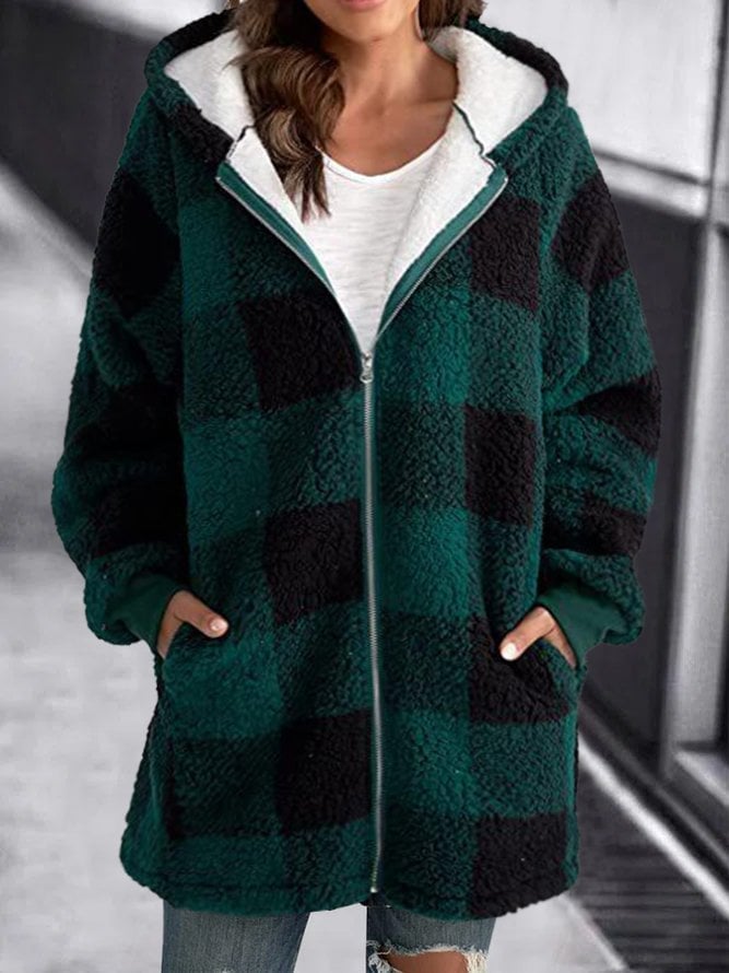 Oversized Fleece jacket with plaid hood and zipper