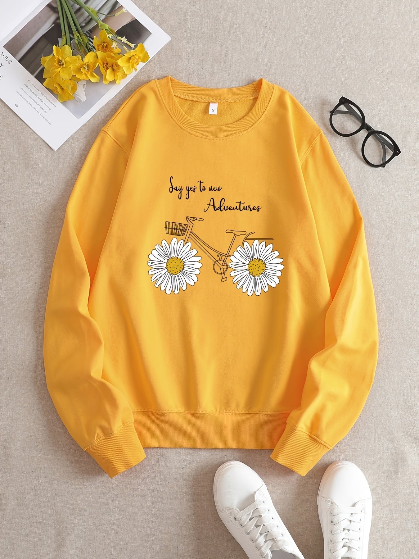 Casual Yellow Sweatshirt with Humorous Graphic Print - Elara