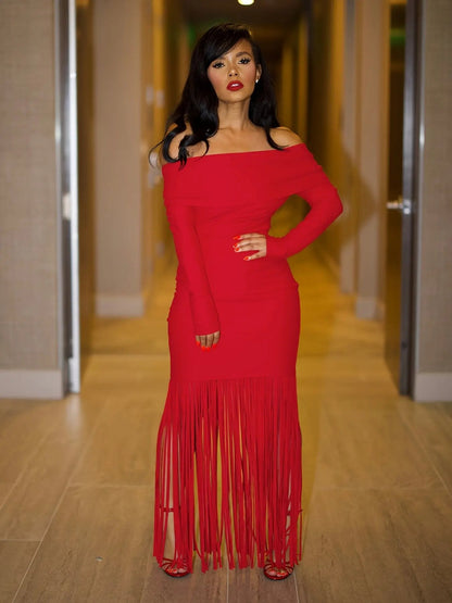 Off-Shoulder Maxi With Long Fringe