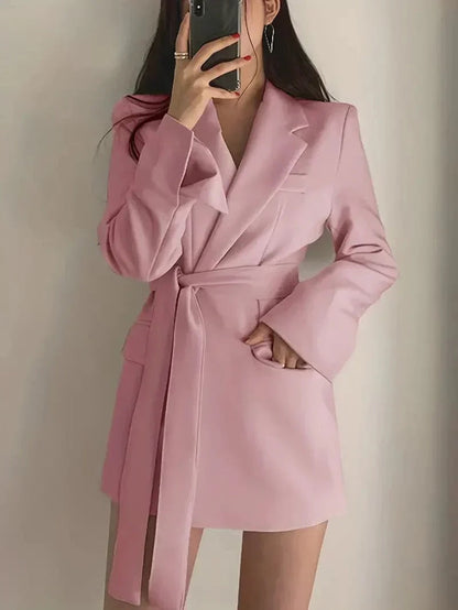Relaxed Fit Blazer Dress for Women with Waist Belt