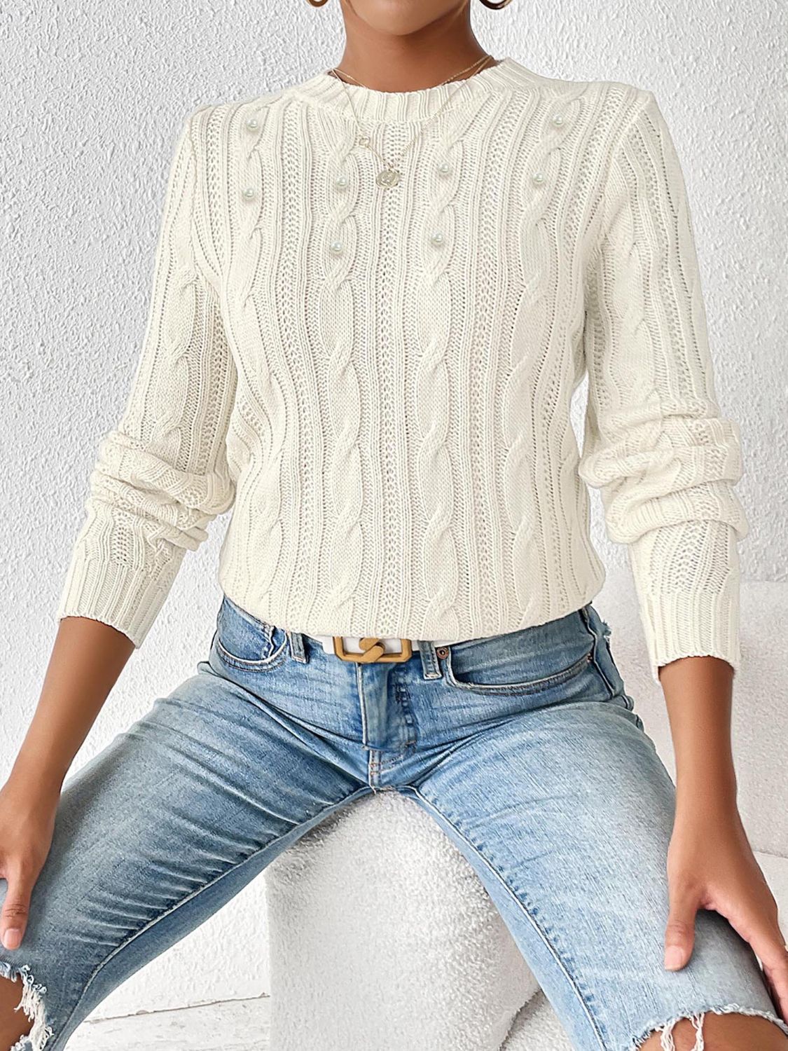 Warm Women's Cable Knit Sweater with Thick Cuffs