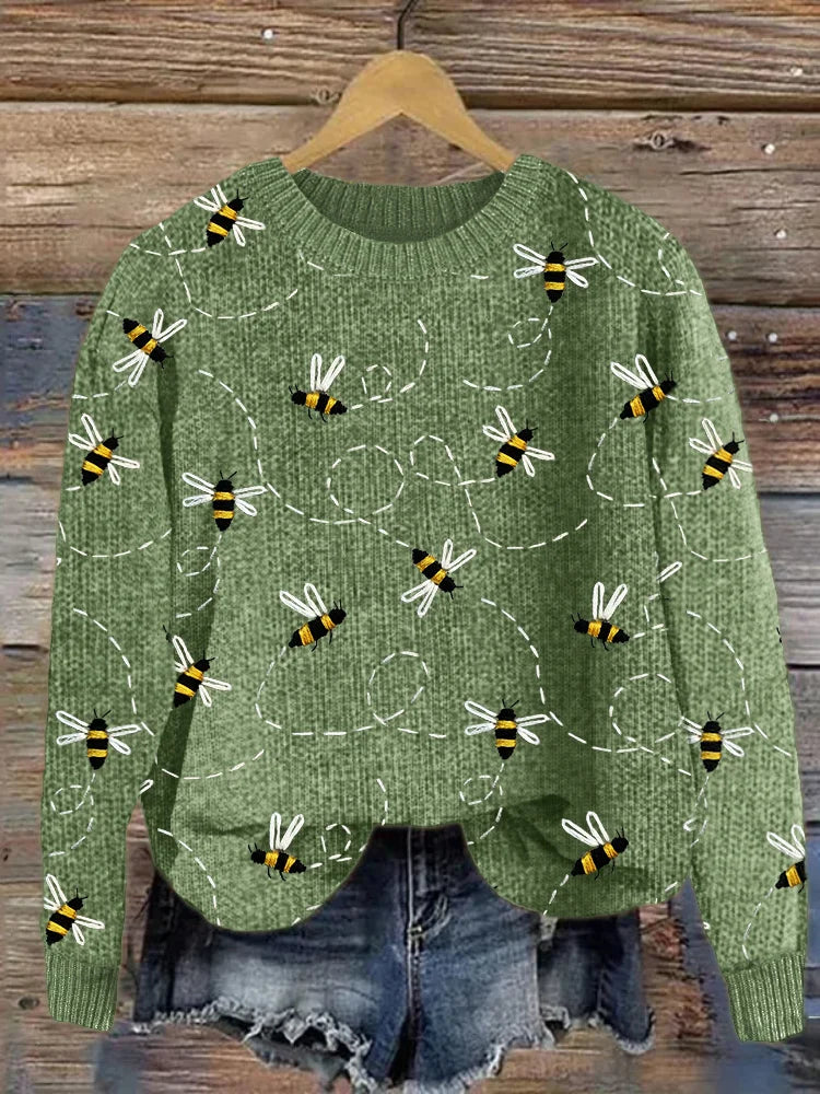 Charming Knitted Sweater with Bee Embroidery - Marlise