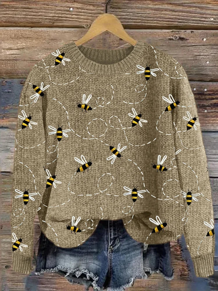 Charming Knitted Sweater with Bee Embroidery - Marlise