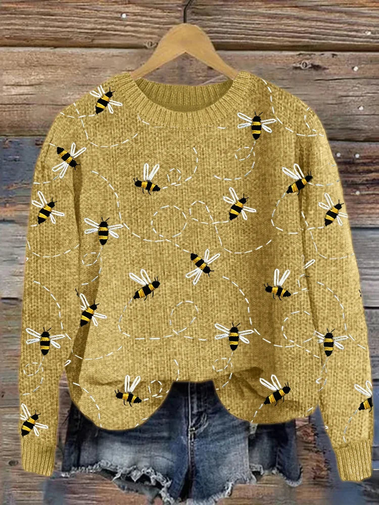 Charming Knitted Sweater with Bee Embroidery - Marlise