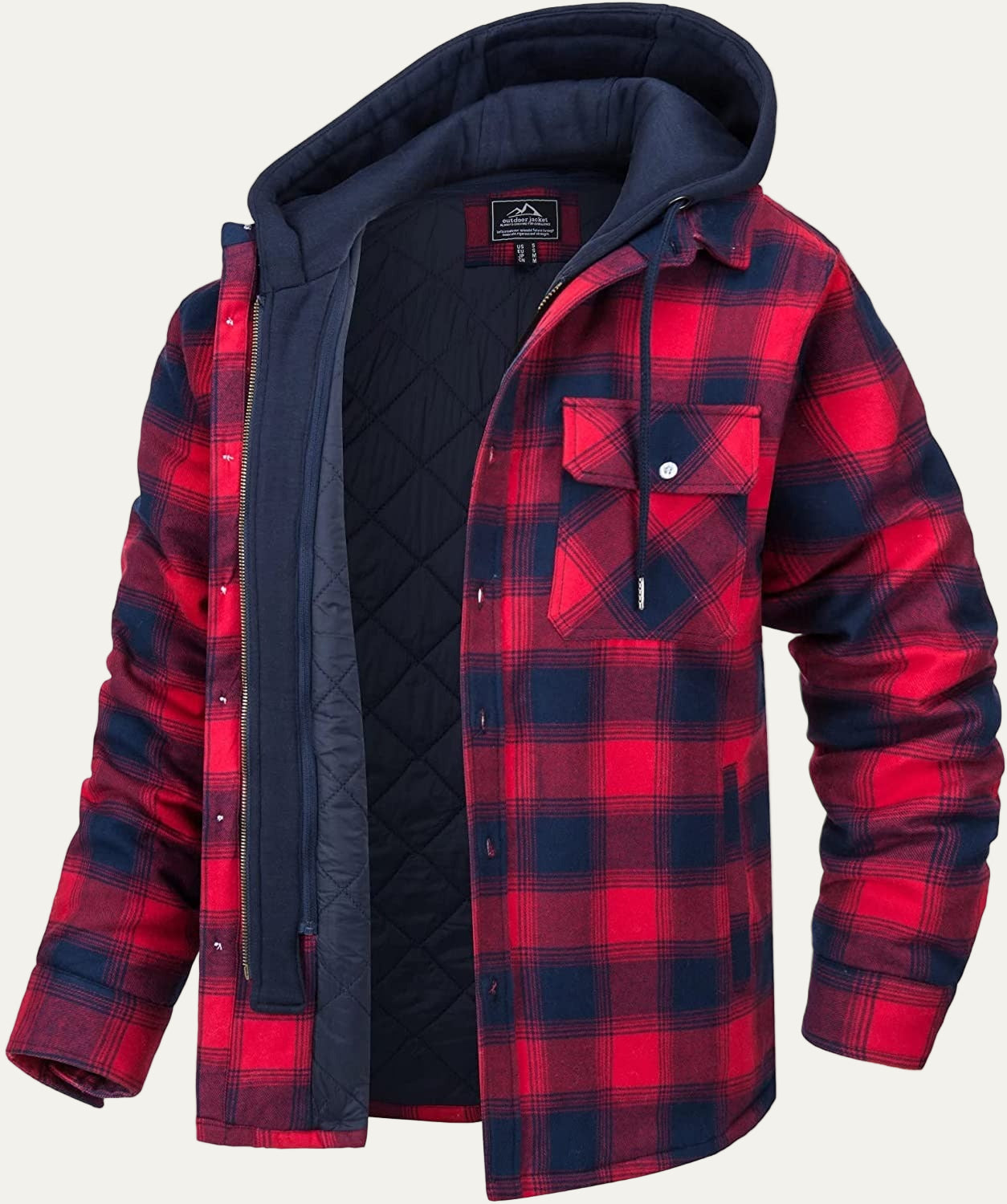 Men’s Plaid Heavy Shirt Jacket with Fleece Hood