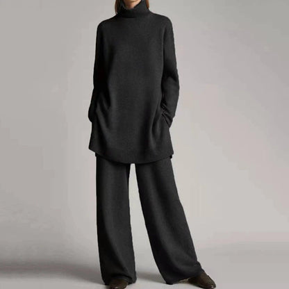 Women’s Knit Turtleneck & Wide-Leg Pants Set – Soft Wool-Blend 2-Piece Lounge Co-Ord, Elastic Waist, Ribbed Turtleneck