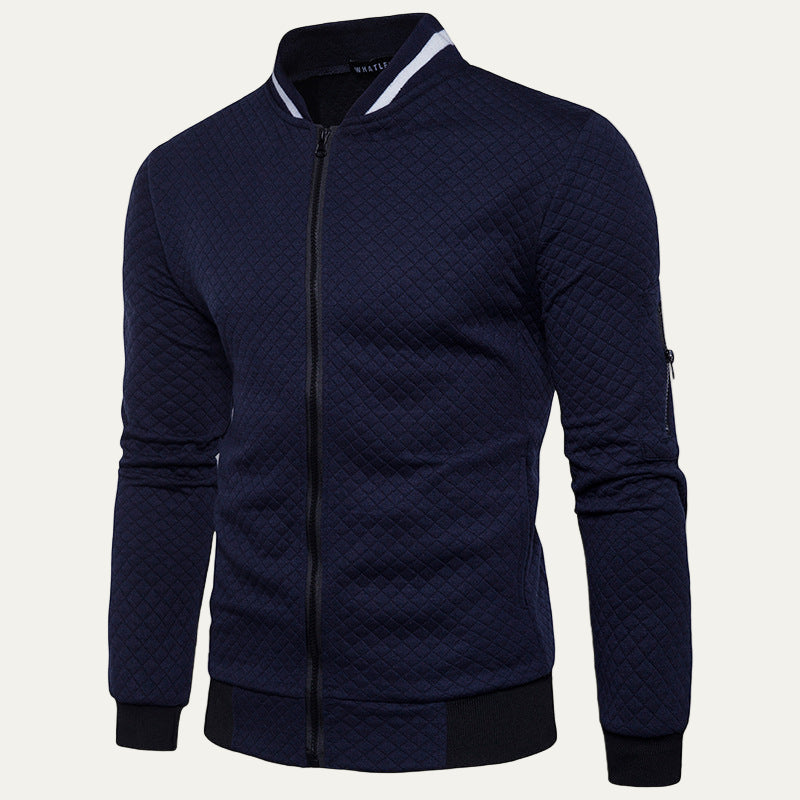 Men’s Diamond Quilted Knit Cardigan Jacket with Stand Collar
