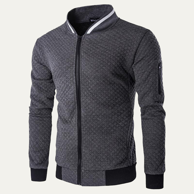 Men’s Diamond Quilted Knit Cardigan Jacket with Stand Collar