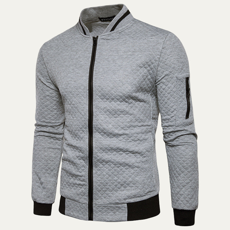 Men’s Diamond Quilted Knit Cardigan Jacket with Stand Collar