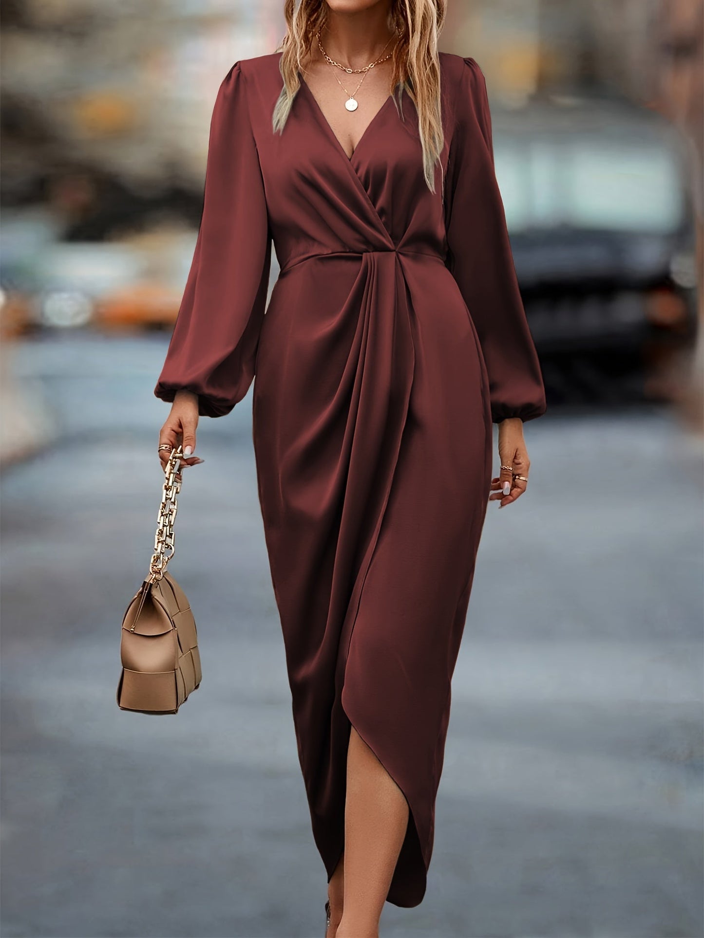 Elegant V Neck Long Sleeve Evening Dress for Women