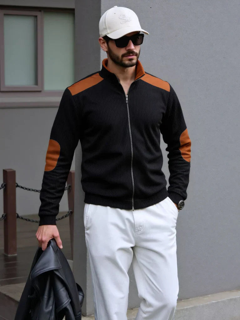 Stylish Men's Zip Cardigan with Shoulder Patches