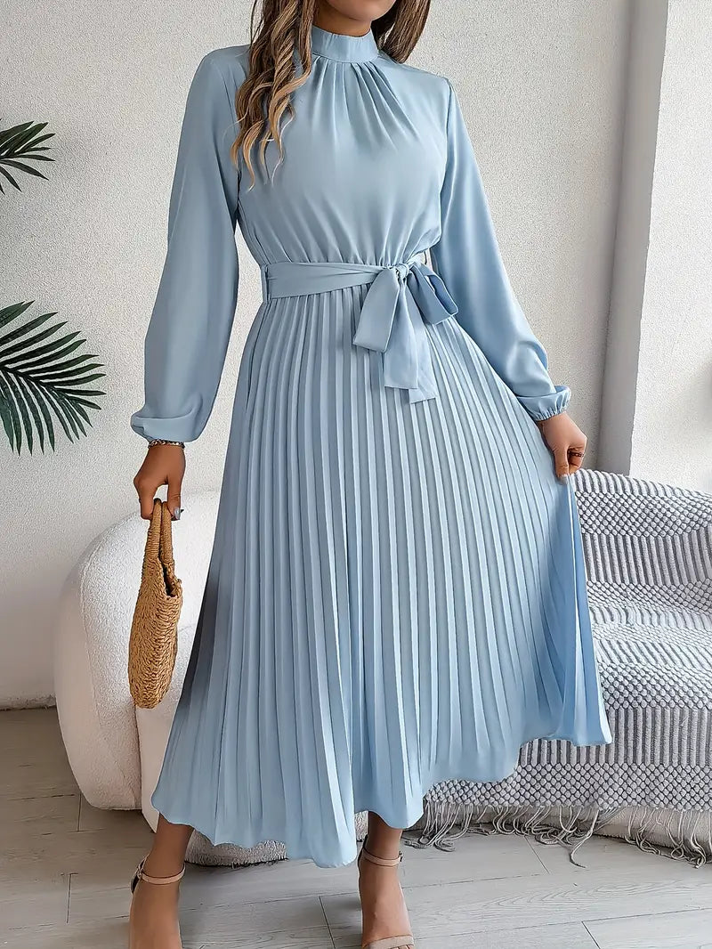 Ladies' Elegant A-Line Knee Length Dress with Waist Belt - BritishElegance