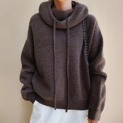 Elara Women’s Knit Hoodie – Soft Winter Pullover with High Neck & Drawstrings