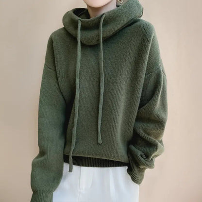 Elara Women’s Knit Hoodie – Soft Winter Pullover with High Neck & Drawstrings