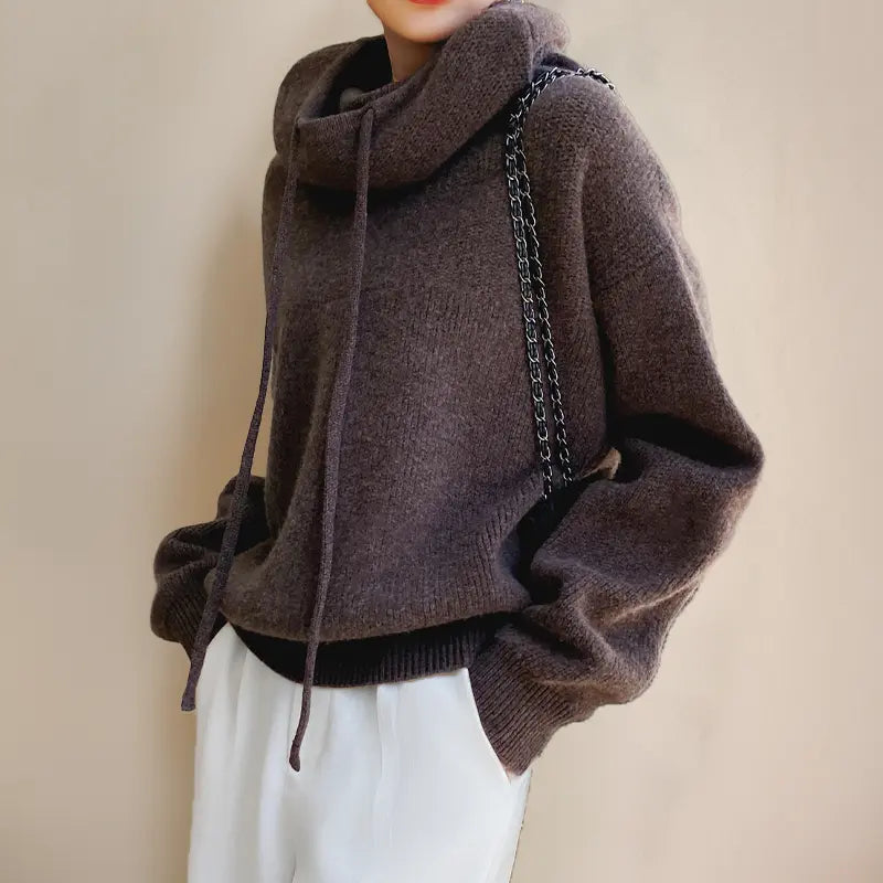 Elara Women’s Knit Hoodie – Soft Winter Pullover with High Neck & Drawstrings