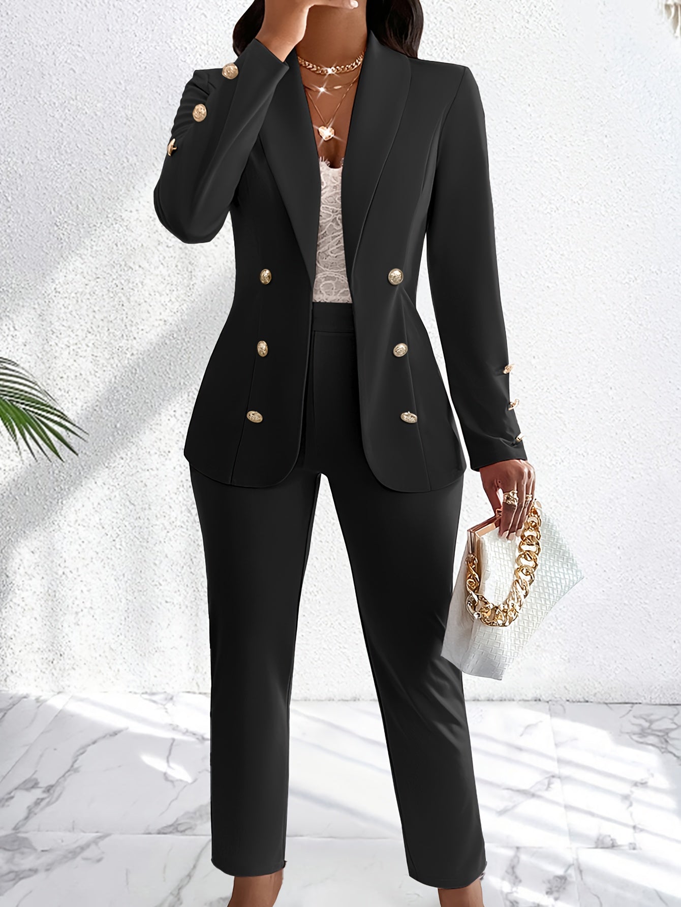 Classic Women's Two Piece Gold Button Suit Set - BritishElegance