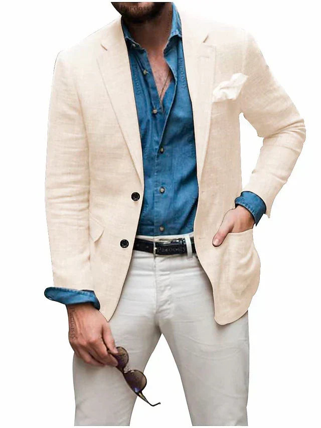 Men's Linen Blazer: Jon - Casual, Tailored Fit, Solid Color, Single-Breasted, Two Buttons, Beach Wedding Appropriate