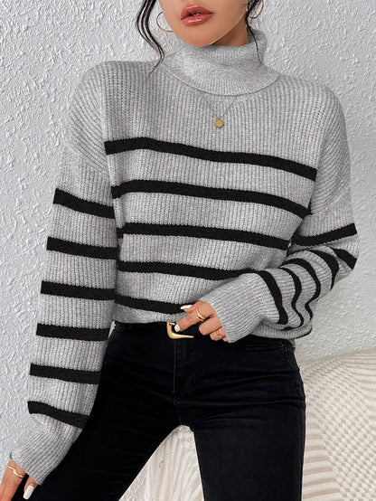 Cozy Grey Stripe Women's Winter Sweater - BritishElegance