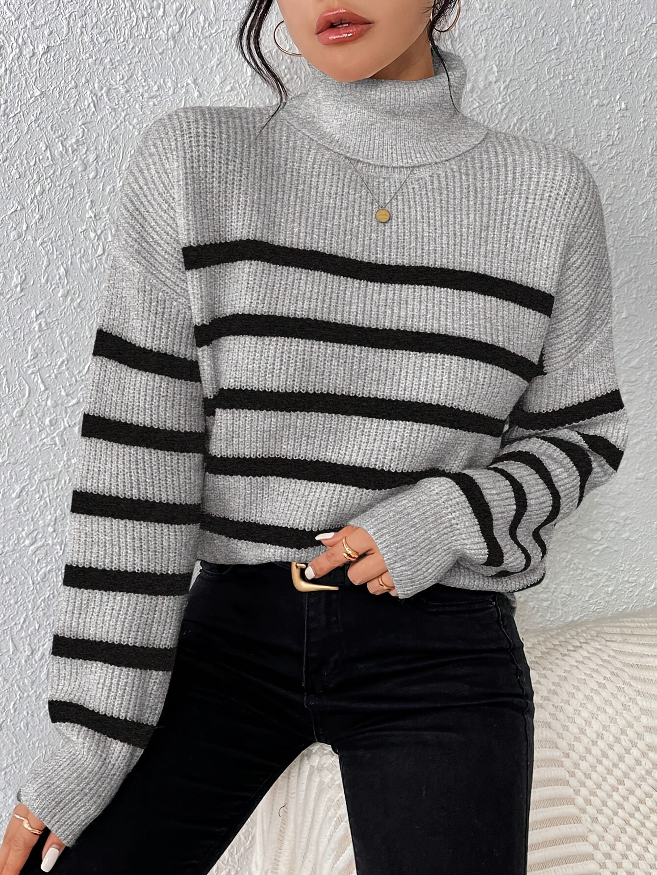 Cozy Grey Stripe Women's Winter Sweater