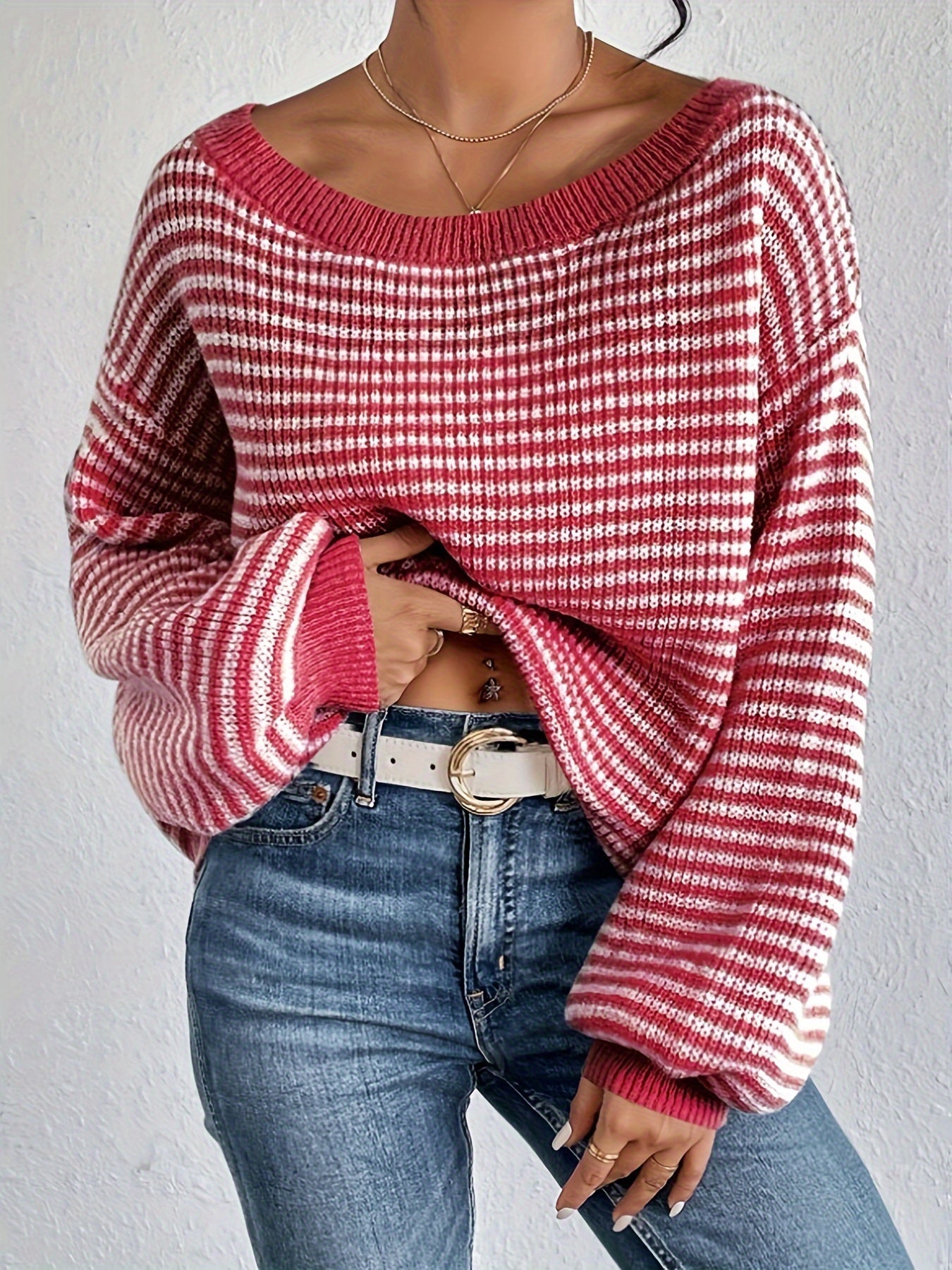 Comfy Relaxed Fit Crew Neck Striped Sweater for Women