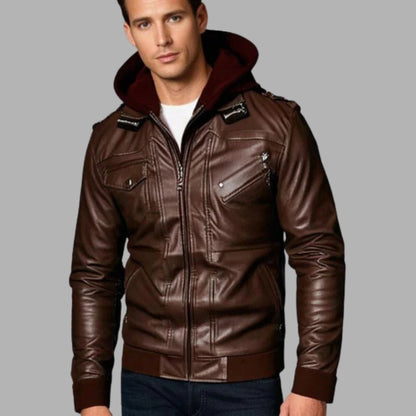 Detachable Hood Leather Jacket