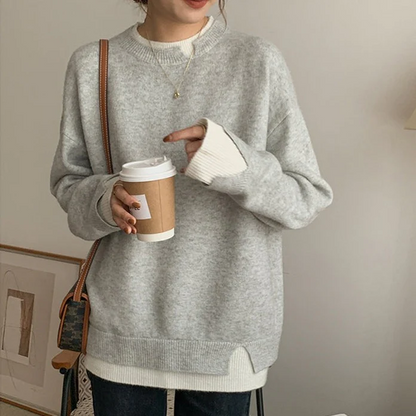 Cozy Large Cable Knit Sweater for Women in Gray and White