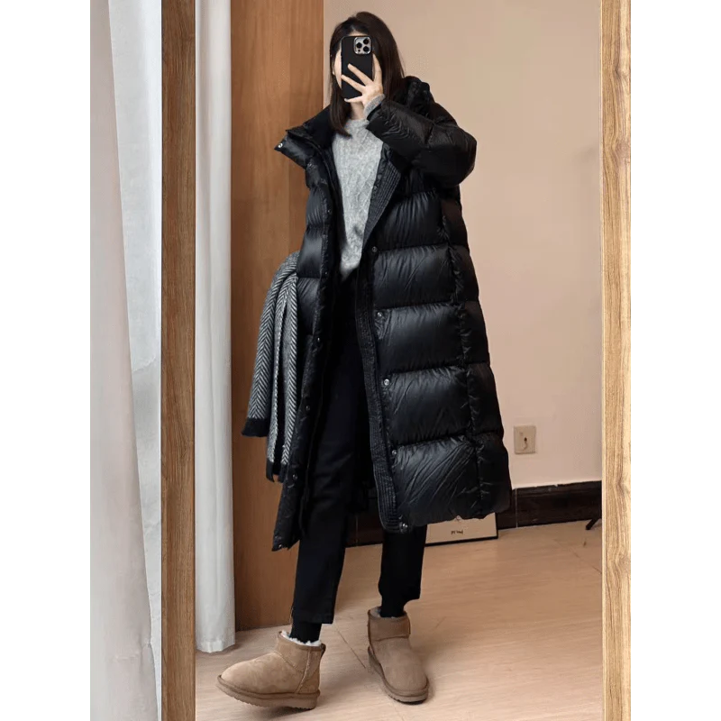 Warm Women's Black Down Parka Coat with Hood - BritishElegance