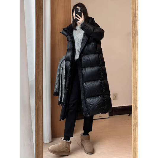 Warm Women's Black Down Parka Coat with Hood - BritishElegance