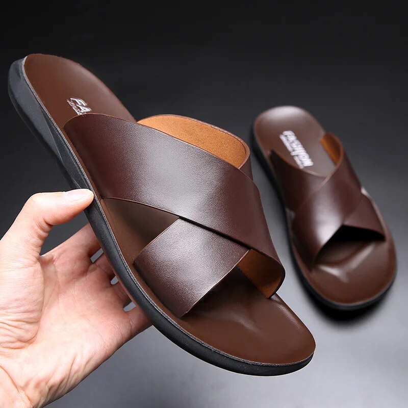 Men's Buckle Leather Sandals - Classic Comfort Slides - BritishElegance